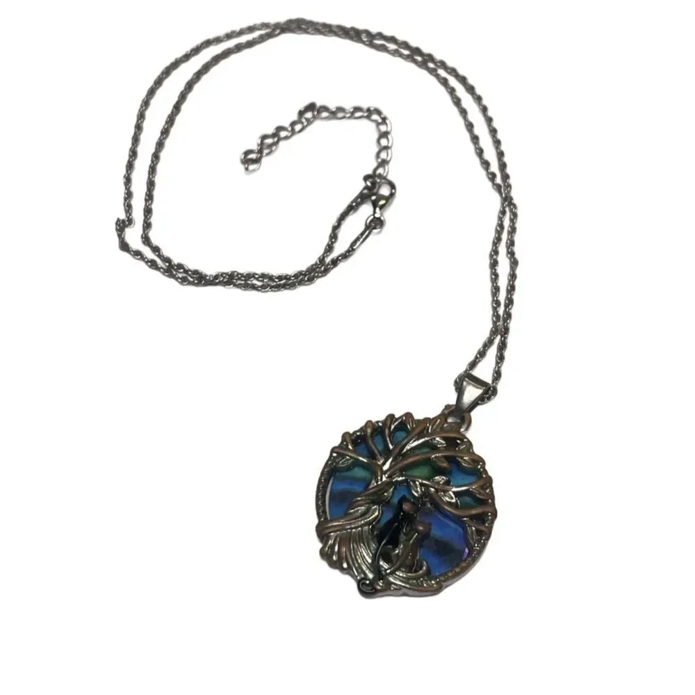 Tree of Life Silver Necklace with Blue-Green Enamel Pendant